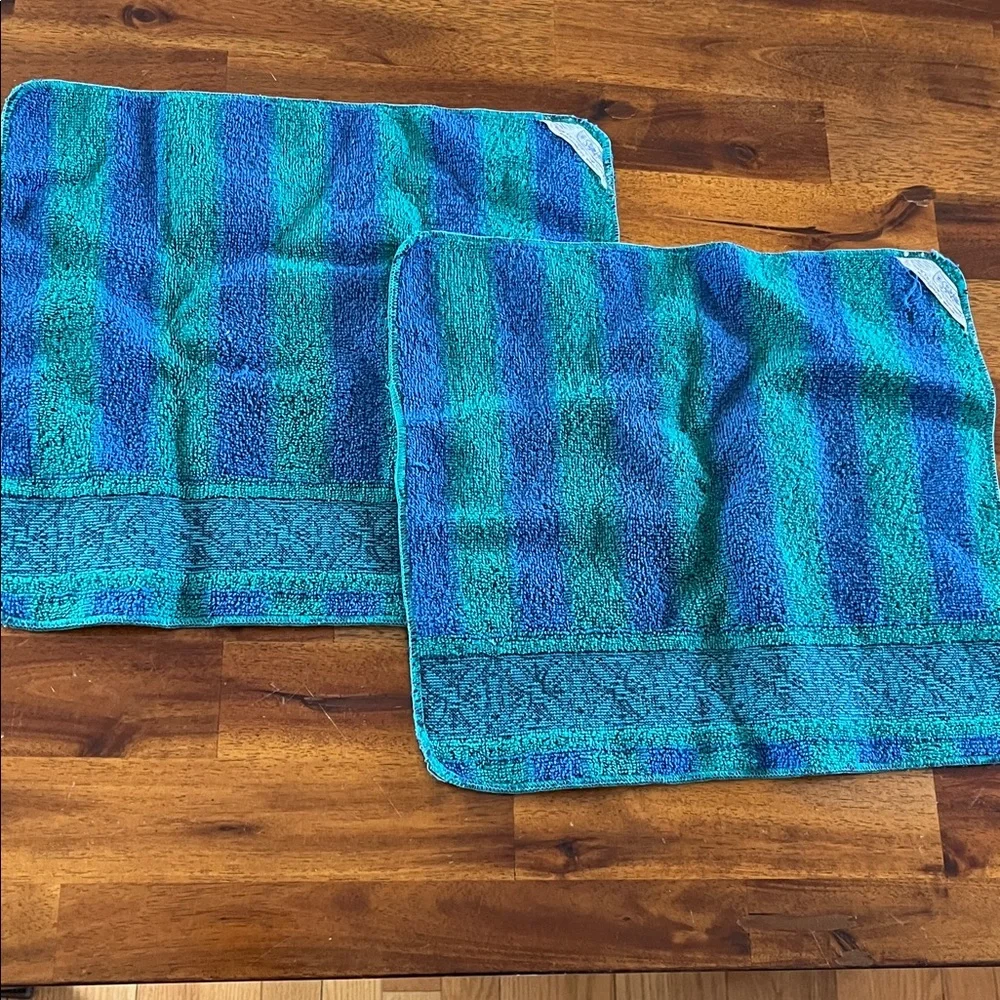 2 Style House Green & Blue Striped Wash Cloths Vtg Montgomery Ward *READ*